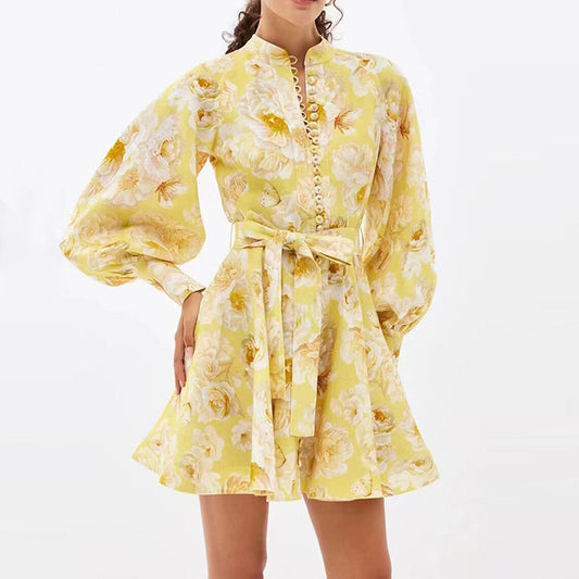 Women’s Mini Dress – Floral Print – Deep V-Neck – Tiered Skirt – Long Sleeve