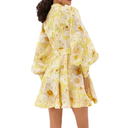 Women’s Mini Dress – Floral Print – Deep V-Neck – Tiered Skirt – Long Sleeve