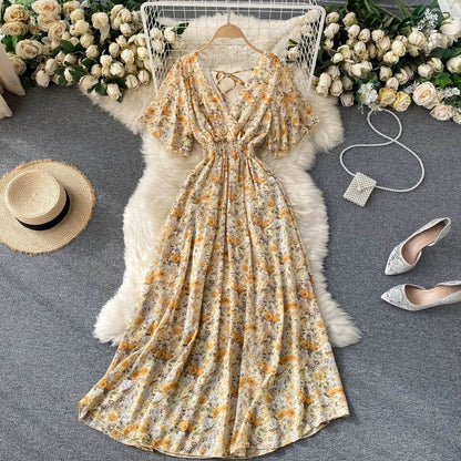 Women's Maxi Dress - V-Neck Shirred Waist - Short Flowing Sleeves - Elegant Fit