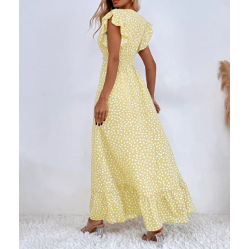 Women's Maxi Dress - Polka Dot Pattern - V-Neck - Ruffle Short Sleeves - Flowy Fit