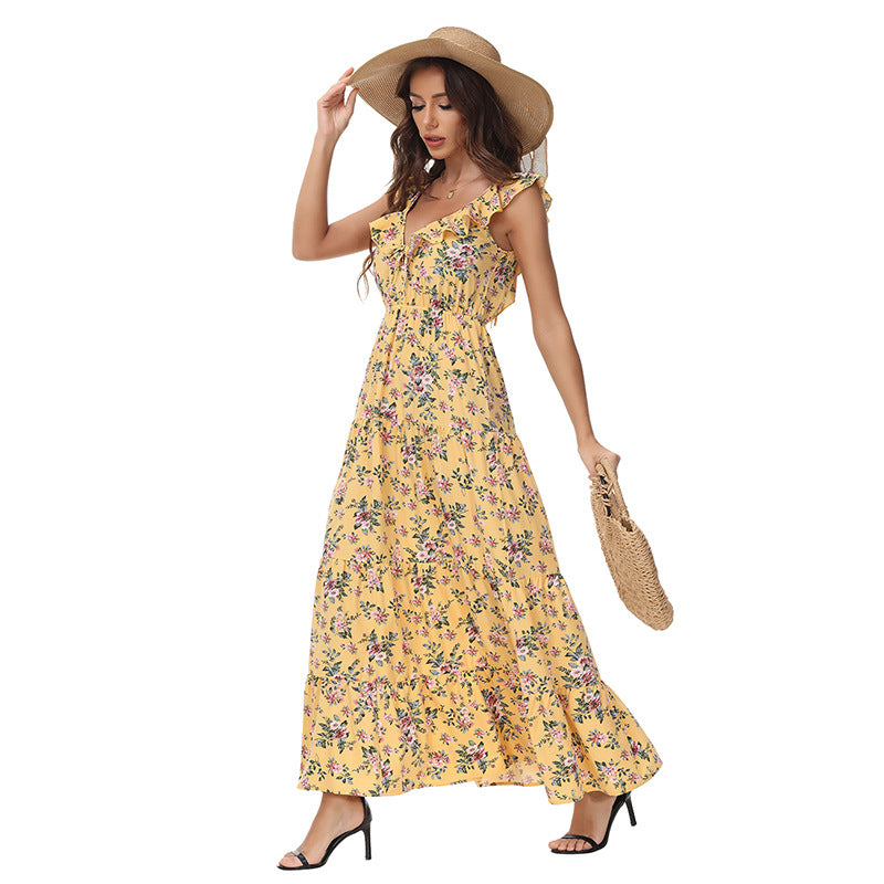 Women’s Yellow Ruffle Strap Floral Maxi Dress – Summer Vacation Favorite