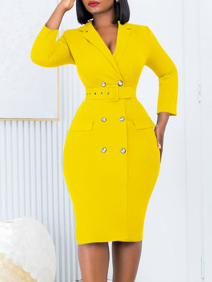 Women’s Bodycon Blazer Dress With Belt – Office Workwear – Long Sleeve Midi Dress – Double Breasted – Slim Fit