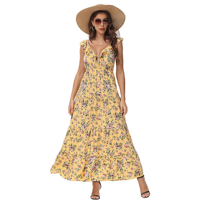 Women’s Yellow Ruffle Strap Floral Maxi Dress – Summer Vacation Favorite