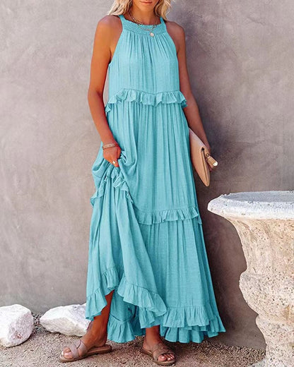 Women's Maxi Dress - Sleeveless High-Low Hem - Ruffled Layers - Flowy & Breathable