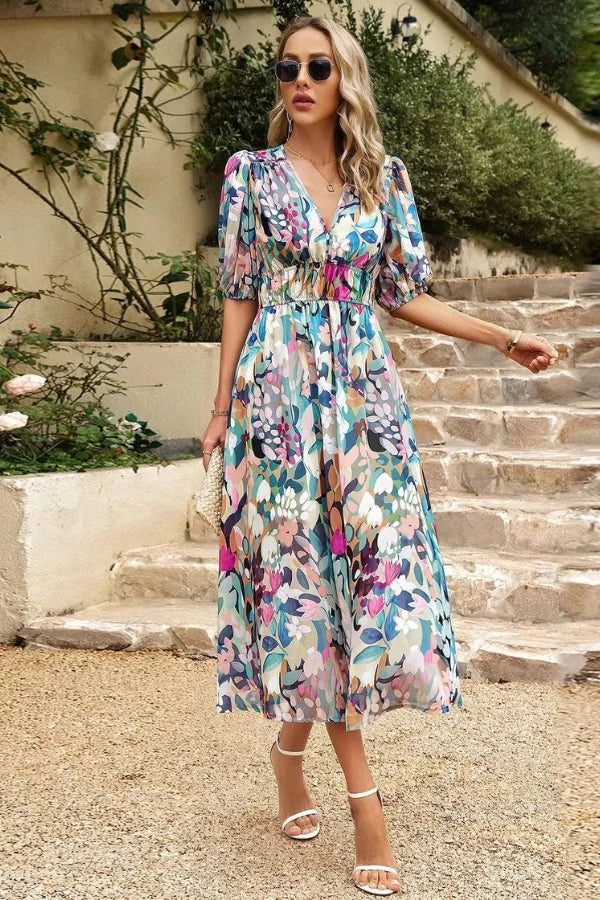 Women’s Midi Dress – Flowy Fit – V-Neck – Puff Sleeve – Elastic Waist – Floral Print