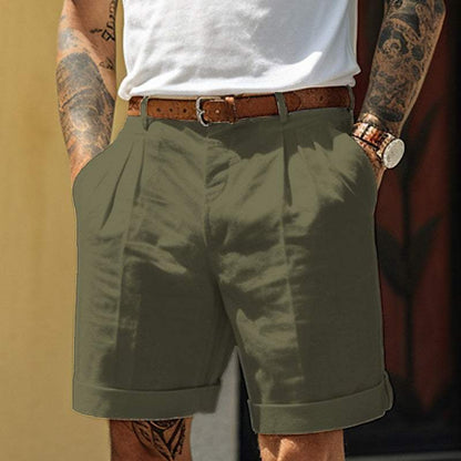 Men’s Tailored Shorts - Cotton Linen Blend - Pleated Front - Cuffed Hem - Breathable Fabric