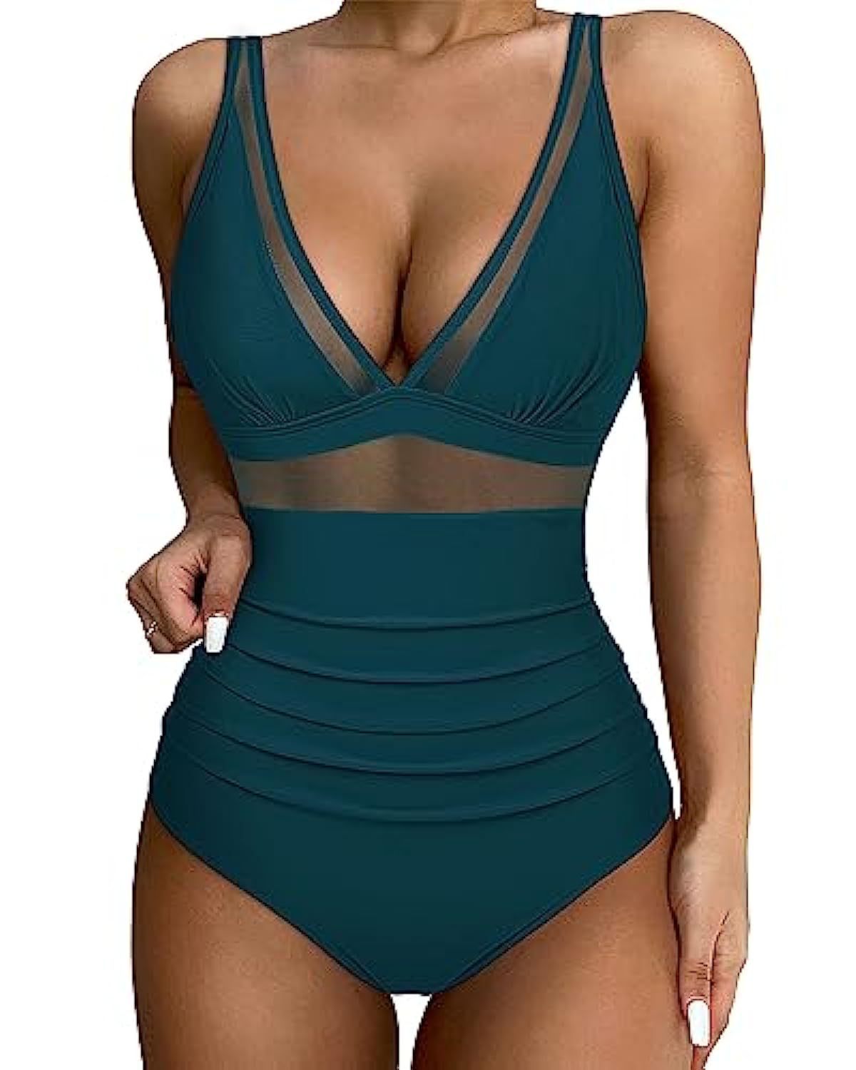 Women’s Swimsuit – Fitted One-Piece – Plunging Neckline – Mesh Panels – High-Cut Leg