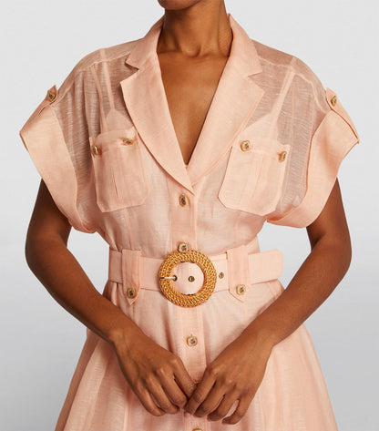 Women's Shirt Dress - Button Down - Short Sleeve - Belted Waist - Flowy Midi Length