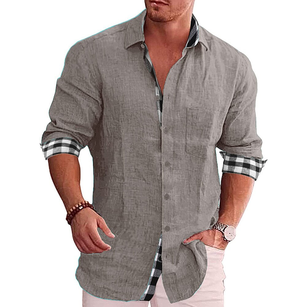 Men’s Button-Up Shirt – Tailored Fit – Long Sleeve – Natural Fibers – Checked Trim