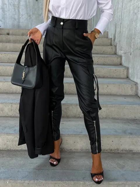 Women's High-Waisted Faux Leather Trousers - Tailored Fit - Zippered Ankles - Button Waistband