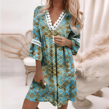 Women’s Mini Dress – Relaxed Fit – V-Neck Lace Detail – Flared 3/4 Sleeves – Flowing Fabric