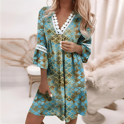 Women’s Mini Dress – Relaxed Fit – V-Neck Lace Detail – Flared 3/4 Sleeves – Flowing Fabric