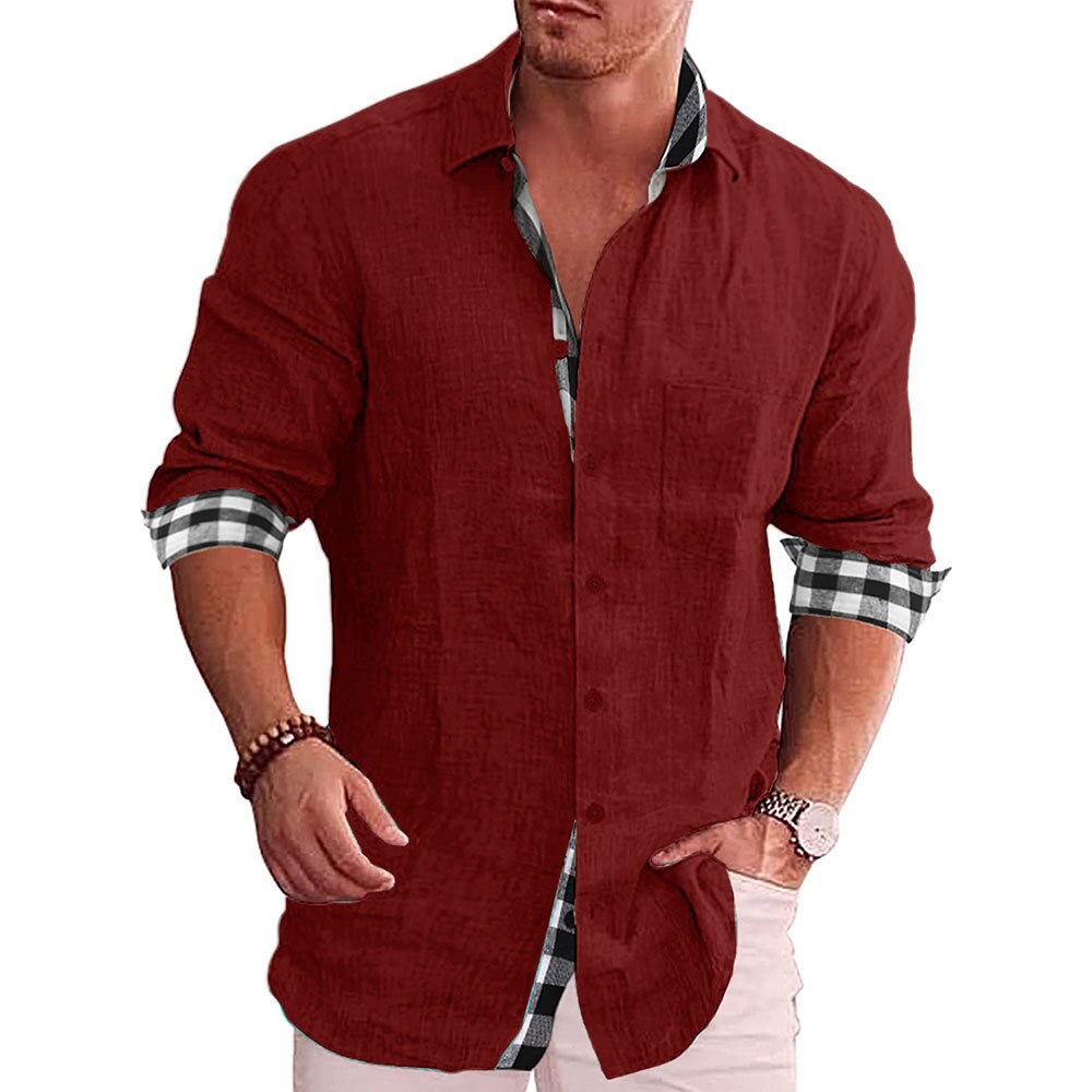 Men’s Button-Up Shirt – Tailored Fit – Long Sleeve – Natural Fibers – Checked Trim