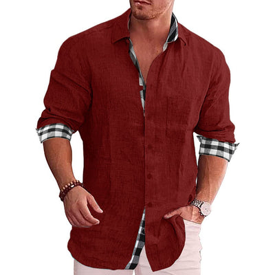 Men’s Button-Up Shirt – Tailored Fit – Long Sleeve – Natural Fibers – Checked Trim