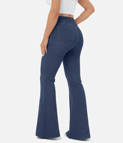 Women's elasticated flared jeans with high waist