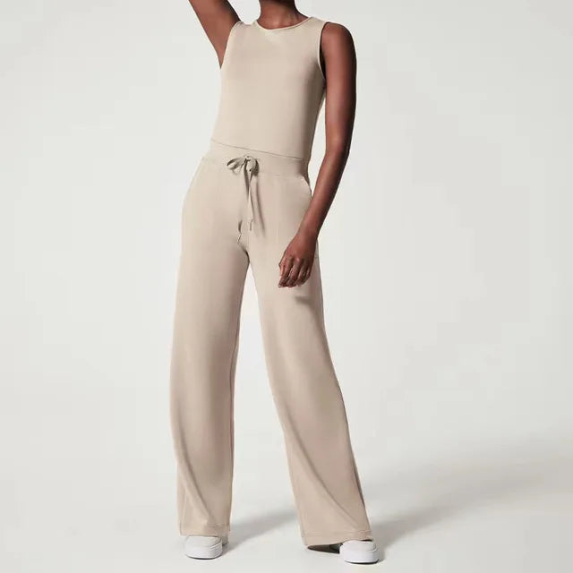 Women's Sleeveless Jumpsuit - Relaxed Fit - Wide Leg - Adjustable Waist Tie - Round Neck