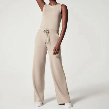 Women's Sleeveless Jumpsuit - Relaxed Fit - Wide Leg - Adjustable Waist Tie - Round Neck