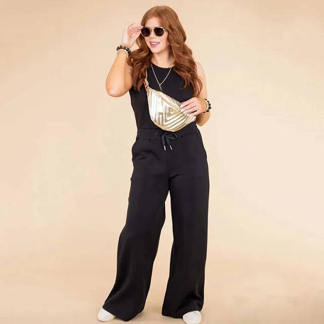 Women's Sleeveless Jumpsuit - Relaxed Fit - Wide Leg - Adjustable Waist Tie - Round Neck