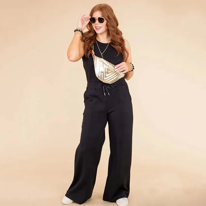Women's Sleeveless Jumpsuit - Relaxed Fit - Wide Leg - Adjustable Waist Tie - Round Neck