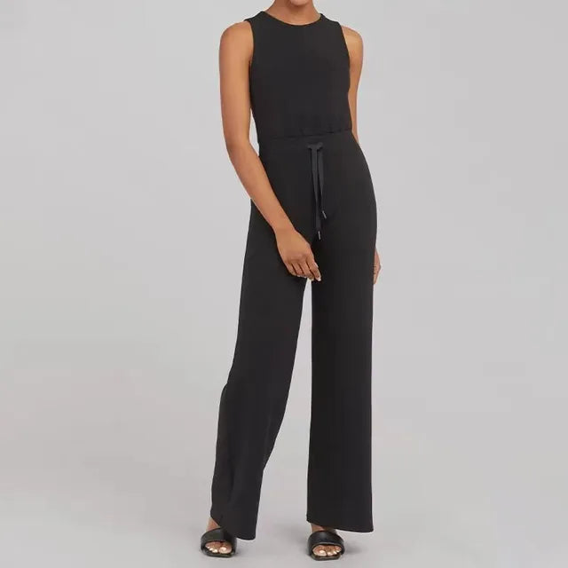 Women's Sleeveless Jumpsuit - Relaxed Fit - Wide Leg - Adjustable Waist Tie - Round Neck