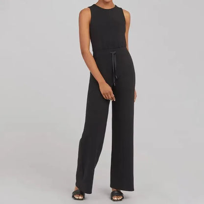 Women's Sleeveless Jumpsuit - Relaxed Fit - Wide Leg - Adjustable Waist Tie - Round Neck