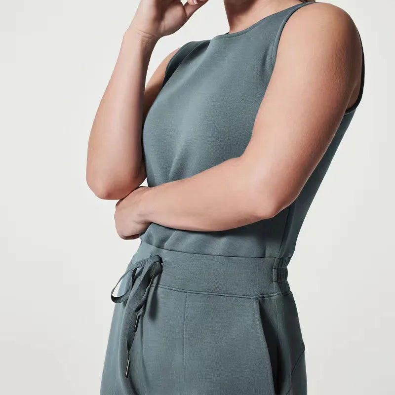 Women's Sleeveless Jumpsuit - Relaxed Fit - Wide Leg - Adjustable Waist Tie - Round Neck