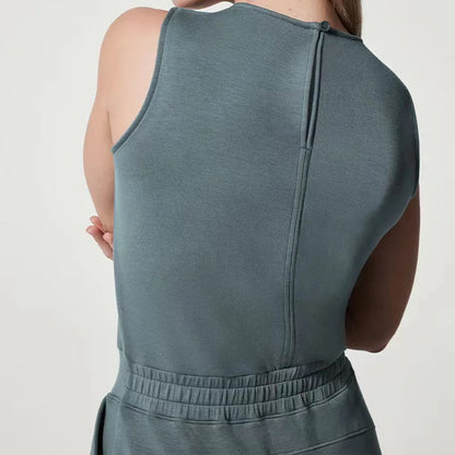 Women's Sleeveless Jumpsuit - Relaxed Fit - Wide Leg - Adjustable Waist Tie - Round Neck