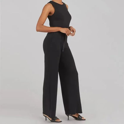 Women's Sleeveless Jumpsuit - Relaxed Fit - Wide Leg - Adjustable Waist Tie - Round Neck