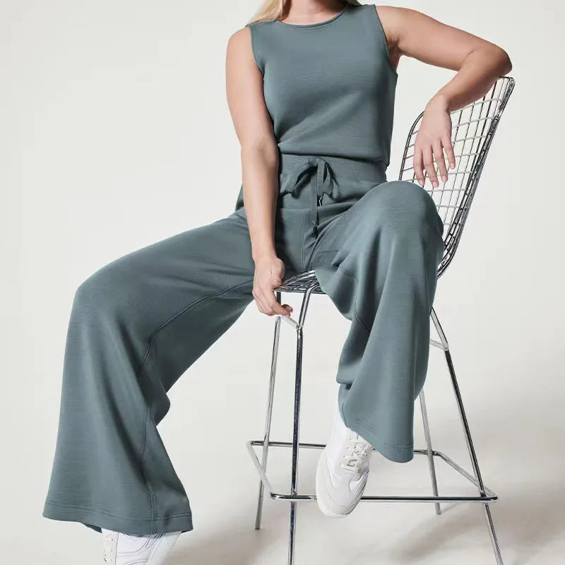 Women's Sleeveless Jumpsuit - Relaxed Fit - Wide Leg - Adjustable Waist Tie - Round Neck