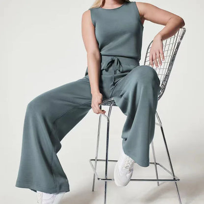 Women's Sleeveless Jumpsuit - Relaxed Fit - Wide Leg - Adjustable Waist Tie - Round Neck