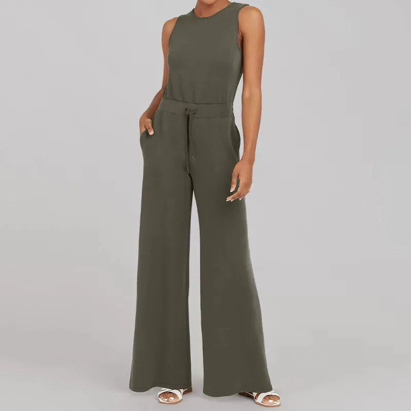 Women's Sleeveless Jumpsuit - Relaxed Fit - Wide Leg - Adjustable Waist Tie - Round Neck