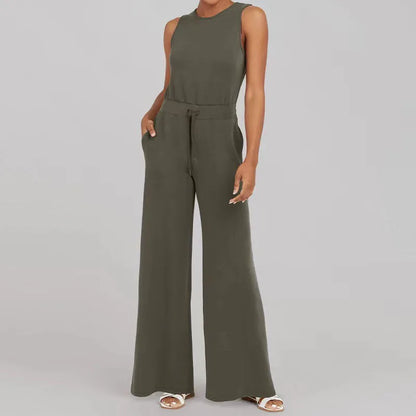 Women's Sleeveless Jumpsuit - Relaxed Fit - Wide Leg - Adjustable Waist Tie - Round Neck