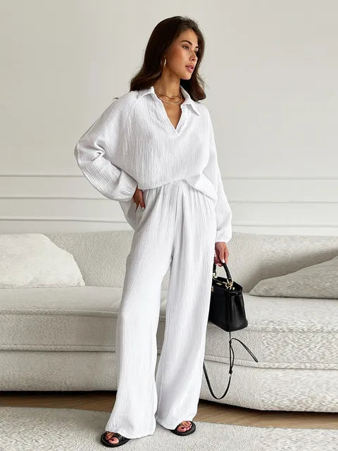 Women's Two-Piece Loungewear Set - Cotton - Long Lantern Sleeve - V-Neck - Button Front - Relaxed Fit