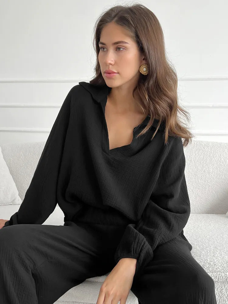 Women's Two-Piece Loungewear Set - Cotton - Long Lantern Sleeve - V-Neck - Button Front - Relaxed Fit