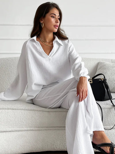 Women's Two-Piece Loungewear Set - Cotton - Long Lantern Sleeve - V-Neck - Button Front - Relaxed Fit