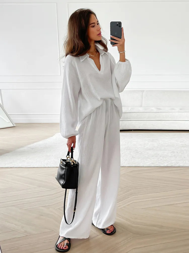 Women's Two-Piece Loungewear Set - Cotton - Long Lantern Sleeve - V-Neck - Button Front - Relaxed Fit
