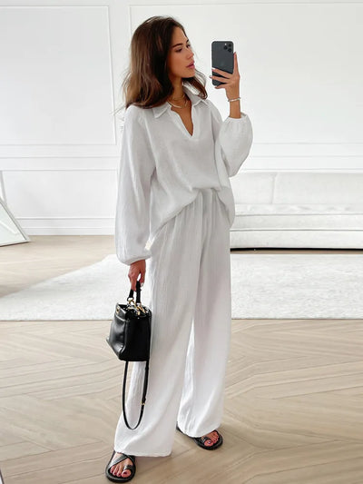 Women's Two-Piece Loungewear Set - Cotton - Long Lantern Sleeve - V-Neck - Button Front - Relaxed Fit