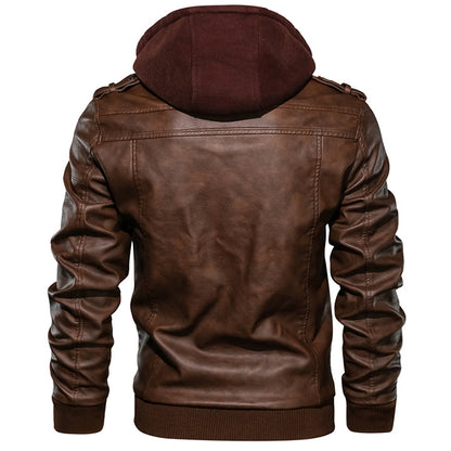 Men's casual leather jacket with detachable hood